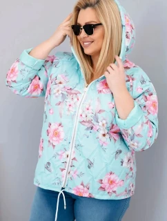 Dámská jarní prošívaná bunda Plus Size s kapucí a květinovým vzorem mátová