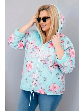 Dámská jarní prošívaná bunda Plus Size s kapucí a květinovým vzorem mátová