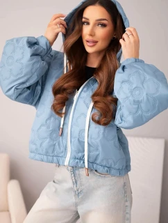 Dámská prošívaná bunda s kapucí a ozdobným květinovým vzorem jeansová