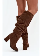 Dámské zateplené kozačky na podpatku s mačkanou holení Zazoo – hnědé, pravý semiš