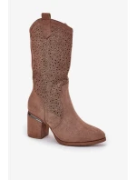 Dámské perforované kozačky do poloviny lýtka ve stylu kovbojek S.Barski – hnědé, eko kůže