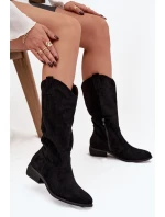 Dámské kozačky ve western stylu na nízkém podpatku Cherrie – černé, eko semiš