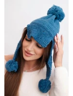 Dámská zimní čepice s vlnou, s kšiltem a bambulemi K475 jeansová