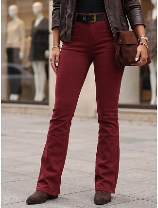 Dámské džíny s rozšiřujícími se nohavicemi, s páskem a vysokým pasem, vínové, FashionStreet UY3111 Dámské džíny s rozšiřujícími se nohavicemi, s páskem a vysokým pasem, vínové, FashionStreet UY3111