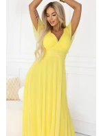 562-8 NASTIA Dlouhé šaty s výstřihem, kosticemi a krátkými rukávy - lemon limoncello