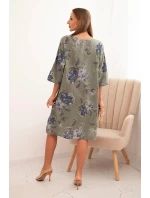 Dámská bavlněná šaty s květinovým vzorem a 3/4 rukávem khaki