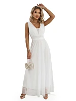 637-8 Dlouhé maxi šaty s brokátovým akcentem a hlubokým výstřihem - ecru barva