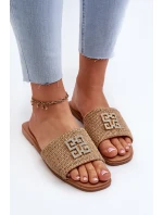 Ploché Dámské Žabky S Pletením a Ozdobou Beige Omenna