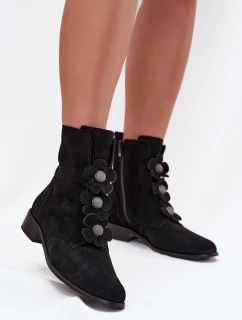 Semišové dámské kotníkové boty Zazoo 3085 černé s ozdobnými květinami