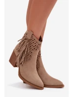 Dámské perforované kožené boty s kovbojským vzhledem na podpätku s třásněmi Béžové Calissey