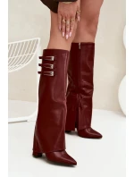 Dámské Kozačky Na Podpatku Otočený Svršek Pásky S Přezkami Bordové Nirisa