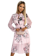 CARLA - Dámské plisované midi šaty s knoflíčky, dlouhými rukávy a se vzorem růží na pastelově růžové růžové barvě 449-4