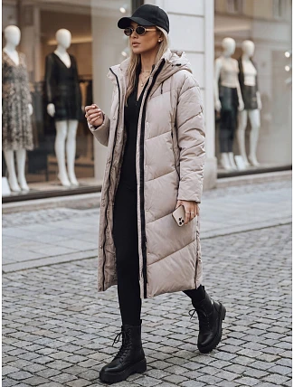 Dámská dlouhá zimní prošívaná bunda v béžové barvě FashionStreet TY5430 Dámská dlouhá zimní prošívaná bunda v béžové barvě FashionStreet TY5430