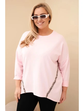 Dámská blůza Plus Size bavlněná s ohrnovacími rukávy a lampasem v leopardím vzoru cukrová růžová