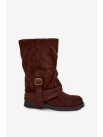 Dámské kozačky s obráceným svrškem do poloviny lýtka s přezkou hnědé Minelle