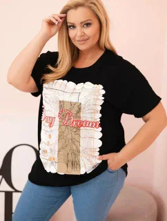 Dámská bavlněná halenka Plus Size s potiskem „Day Dream“ černá + camel