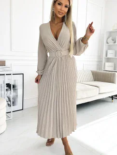 504-2 VIVIANA Plisované midi šaty s výstřihem, dlouhými rukávy a širokým páskem - BEACH