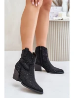 Ozdobené Kožené Botky Na Podpatku S Špičatými Nosky Černé S.Barski HY42-121