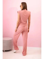 Elegantní dámský komplet s širokými nohavicemi a halenkou s volánky tmavě růžová