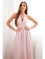 Dámské viskózové maxi šaty vázané na krku s ozdobnou sponou tmavě pudrově růžová