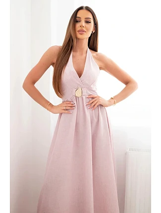 Dámské viskózové maxi šaty vázané na krku s ozdobnou sponou tmavě pudrově růžová