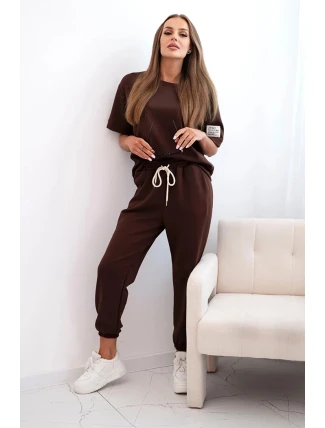 Dámský viskózový komplet s krátkým rukávem a nohavicemi hnědý