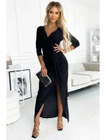 404-6 Třpytivé dlouhé šaty s výstřihem a rozparkem na nohou - ČERNÉ s třpytkami 404-6 Třpytivé dlouhé šaty s výstřihem a rozparkem na nohou - ČERNÉ s třpytkami