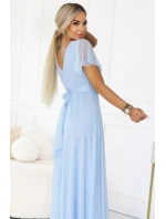 635-6 MELANIA dlouhé třpytivé svatební šaty s výstřihem a krátkými rukávy - modré