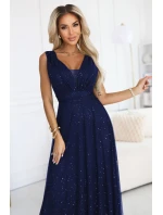 637-3 Večerní dlouhé šaty s brokátovým akcentem a hlubokým výstřihem - tmavě modré 637-3 Večerní dlouhé šaty s brokátovým akcentem a hlubokým výstřihem - tmavě modré