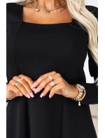 574-3 IVANA pohodlné trapézové šaty s výstřihem a dlouhými rukávy - černé