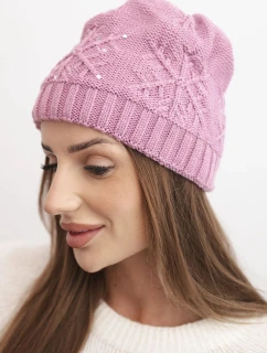 Dámská zimní čepice z vlny a dekorativním pletením s perličkami K470 tmavě růžová