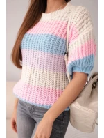 Dámský svetr s krátkým rukávem v barevných pruzích a otvoreným vzorem béžový