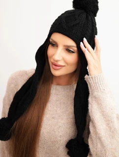 Dámská zimní pletená čepice s bambulemi a prodlouženými boky K448 černá