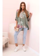 Dámská blůza z bavlny s květinovým vzorem a knoflíky khaki