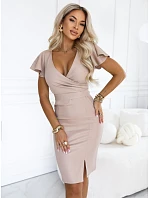 479-16 NINA – elegantní šaty s výstřihem do V, rukávy a páskem – tmavě béžové s brokátem 479-16 NINA – elegantní šaty s výstřihem do V, rukávy a páskem – tmavě béžové s brokátem