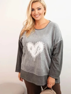 Dámská mikina Plus Size bavlněná s potiskem srdce a šňůrkami grafitová
