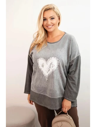 Dámská mikina Plus Size bavlněná s potiskem srdce a šňůrkami grafitová Dámská mikina Plus Size bavlněná s potiskem srdce a šňůrkami grafitová