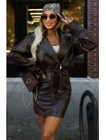 626-4 Bunda z měkké ekokůže ramon s páskem a asymetrickým zipem - hnědá