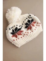 Dámská zimní čepice z vlny s motivem sněhových vloček a pomponem K457 ecru