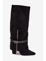 Dámské kozačky na podpatku s ozdobným páskem černé Jolivine