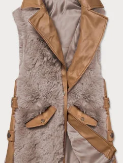 Elegantní vesta v karamelovo-béžové barvě z eko kůže a kožešiny (BR9592-48022)