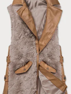 Elegantní vesta v karamelovo-béžové barvě z eko kůže a kožešiny (BR9592-48022)