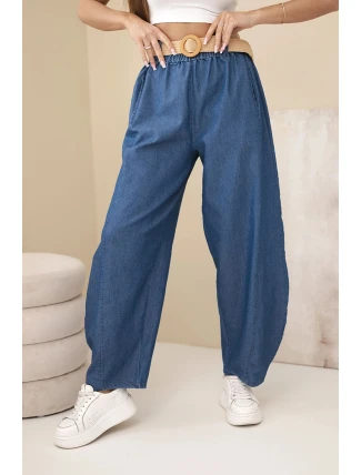 Dámské kalhoty se širokou nohavicí a páskem tmavě džínové