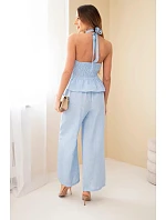 Dámský viskózový komplet vázaný top a kalhoty s širokými nohavicemi modrý Dámský viskózový komplet vázaný top a kalhoty s širokými nohavicemi modrý