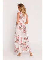 Dámské šifonové šaty M781 model 2 Ecru s květy - MOE Dámské šifonové šaty M781 model 2 Ecru s květy - MOE