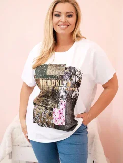 Dámská bavlněná halenka Plus Size s barevným potiskem bílá + khaki
