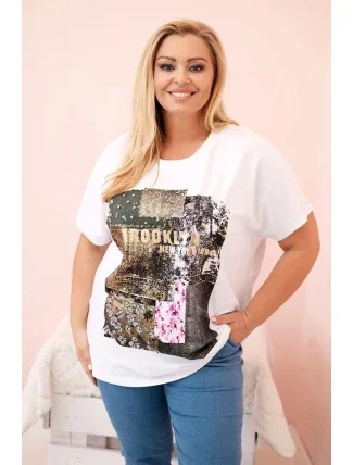 Dámská bavlněná halenka Plus Size s barevným potiskem bílá + khaki