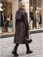 Dlouhý dámský dvouřadý kabát s páskem, tmavě hnědý, FashionStreet NY0781