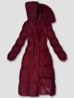Dlouhá dámská zimní bunda ve vínové bordó barvě s páskem (5M3327-1)