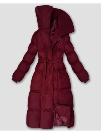 Dlouhá dámská zimní bunda ve vínové bordó barvě s páskem (5M3327-1)
